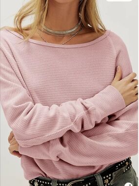 We The Free Dusty Pink Waffle-Knit Scoop Neck Sweater
